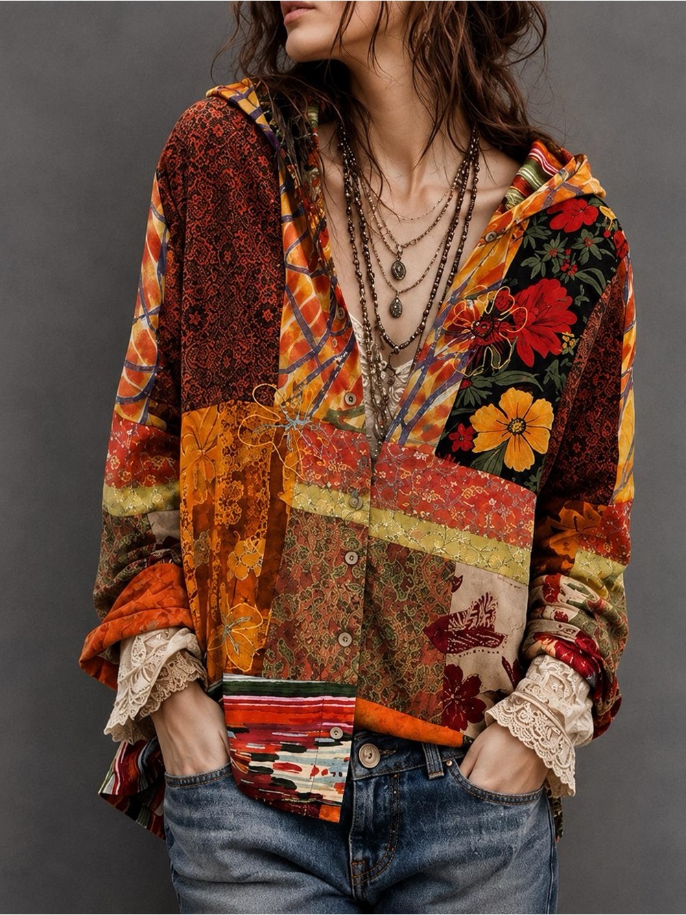 Chico's Patchwork Embroidered Button-Down Hooded Shirt Jacket